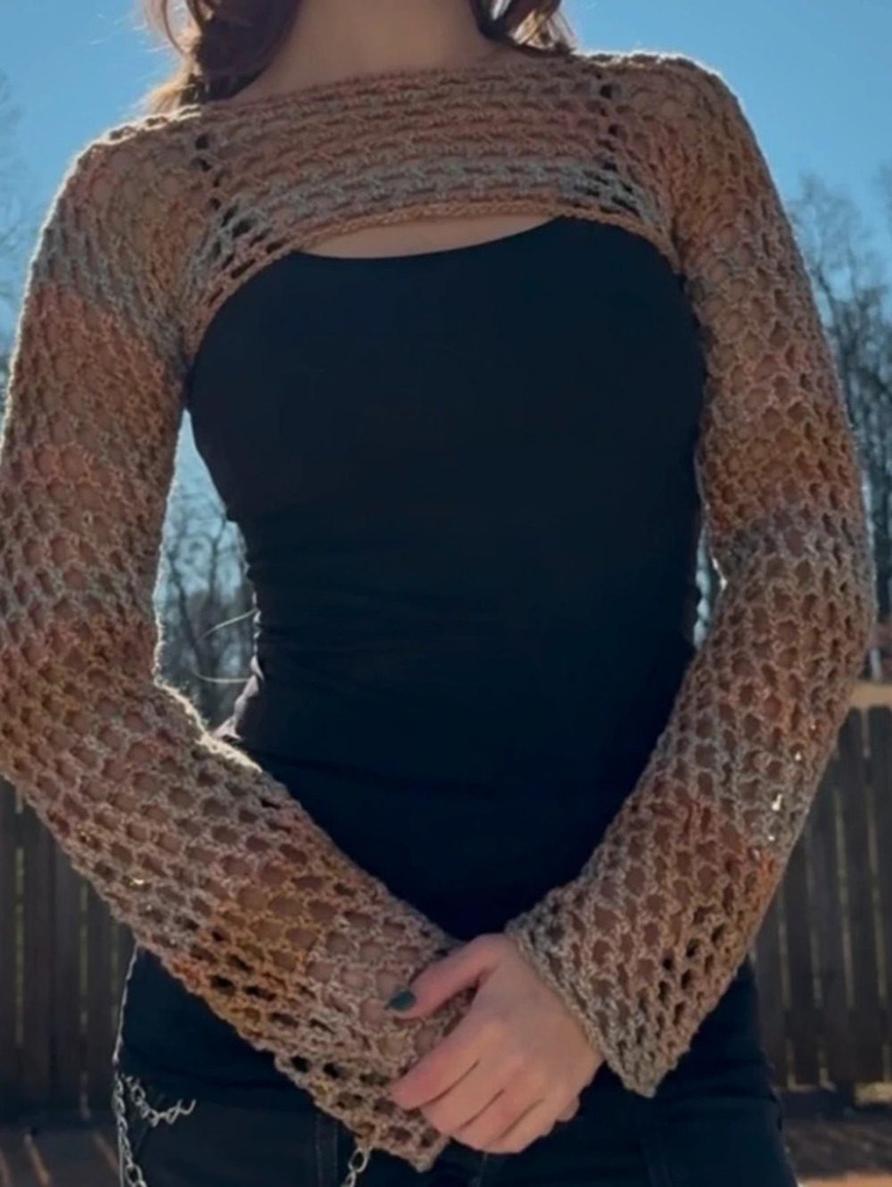 Handmade brown tan multicolored crochet shrug